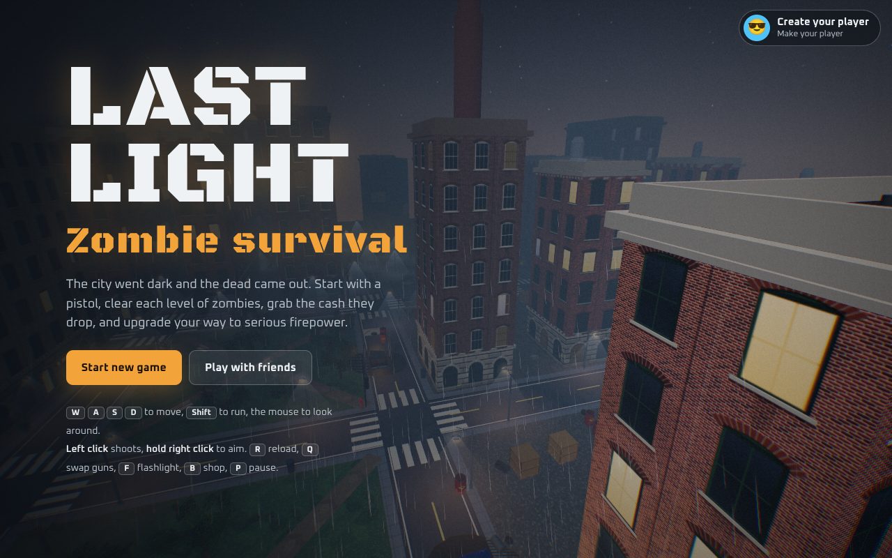 Last Light title screen: a dark city in the rain